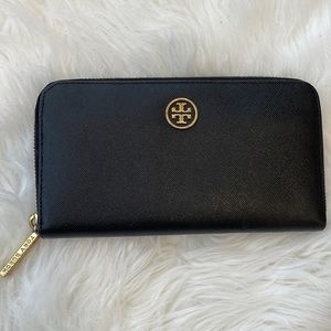 Tory Burch Black Zip Wallet with Gold Logo